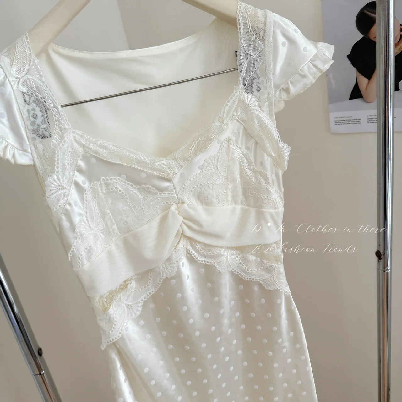 LIZAKOSHT  -  French Vintage Cream White Satin Polka Dot Lace Ruffle Cap Sleeves V Neck Waist Cinched Maxi Dress Women Girls Daily Party Wear