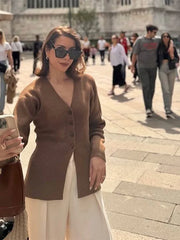 LIZAKOSHT  -  Fashion Solid V-neck Knitted Cardigan Women Solid Full Sleeve Single Breasted Slim  Cardigan 2025 Lady Early Autumn Chic Outwear