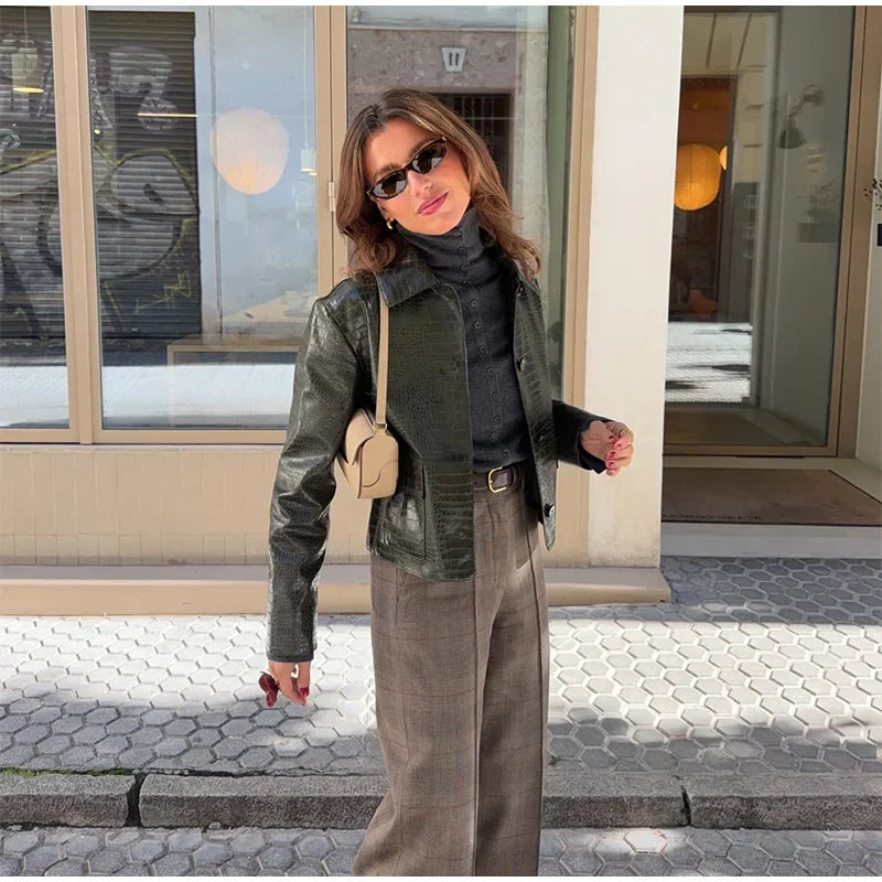 LIZAKOSHT  -  Women Embossed Faux Leather Jacket Lapel Collar Coat Single Breasted Flap Pocket Top Long Sleeve Cropped Moto Coats Fall Clothes