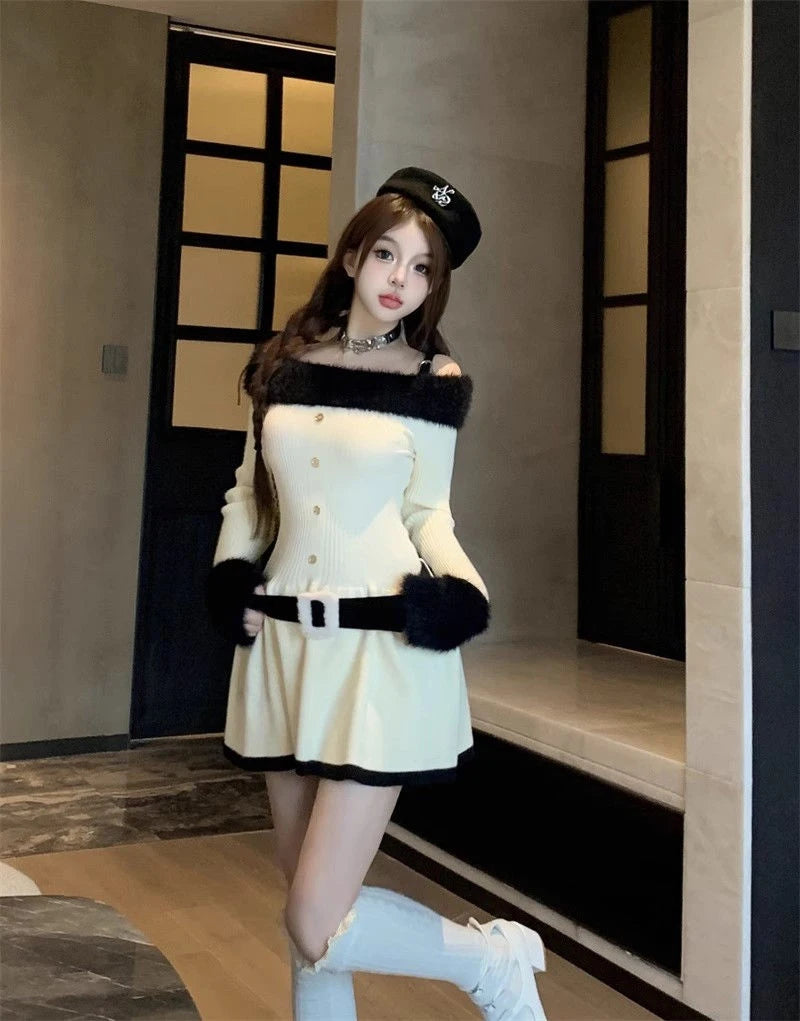 LIZAKOSHT  -  Women Knitted Mini Dress Autumn Hottie Slash Neck Patchwork Fashion Camisole Dresses Off Shoulder Belt Button Casual Vestidos