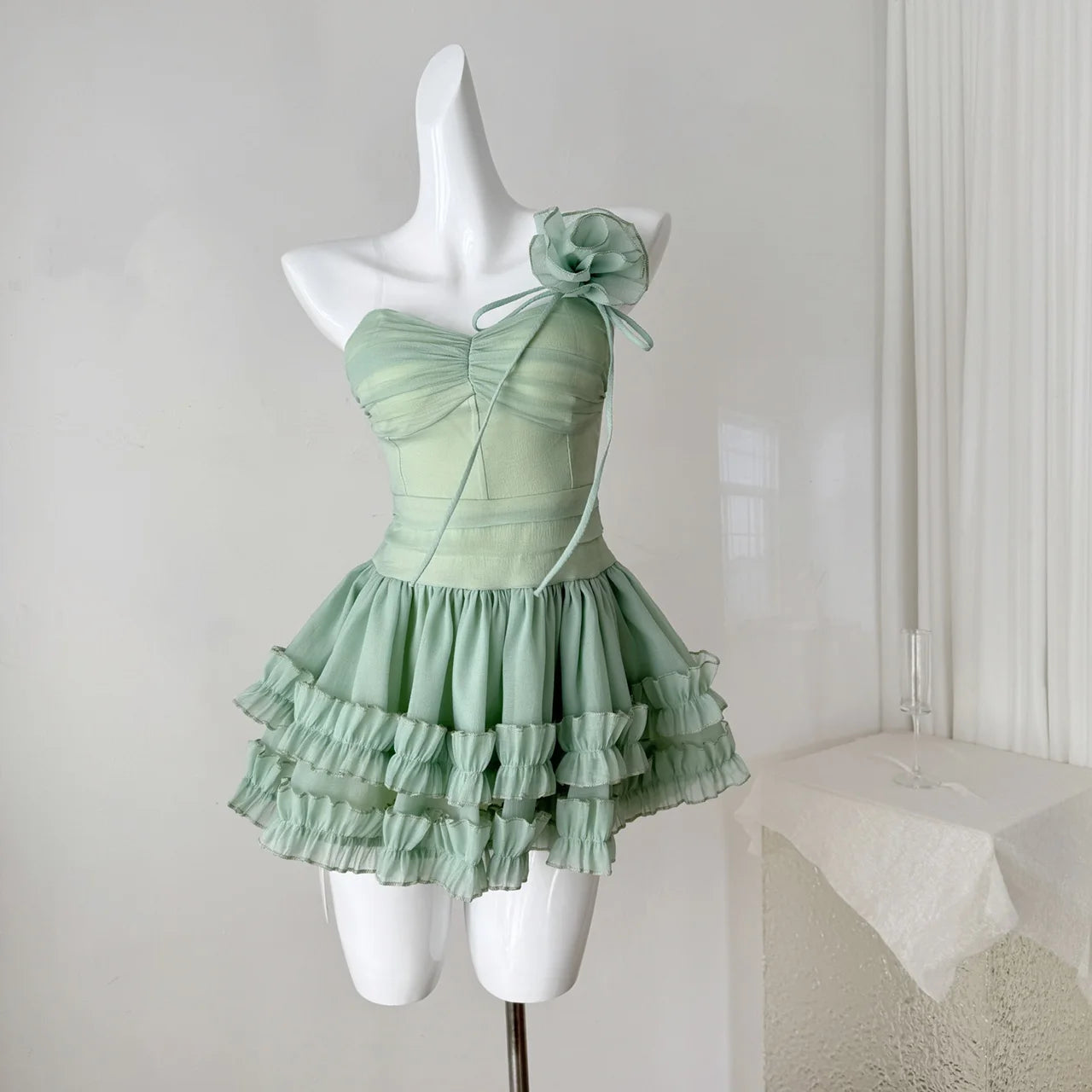 LIZAKOSHT  -  Fairy Dresses Summer French 3D Flower Sleeveless Strapless Fluffy Short Skirt Mesh Cake Dress for Women Vestidos