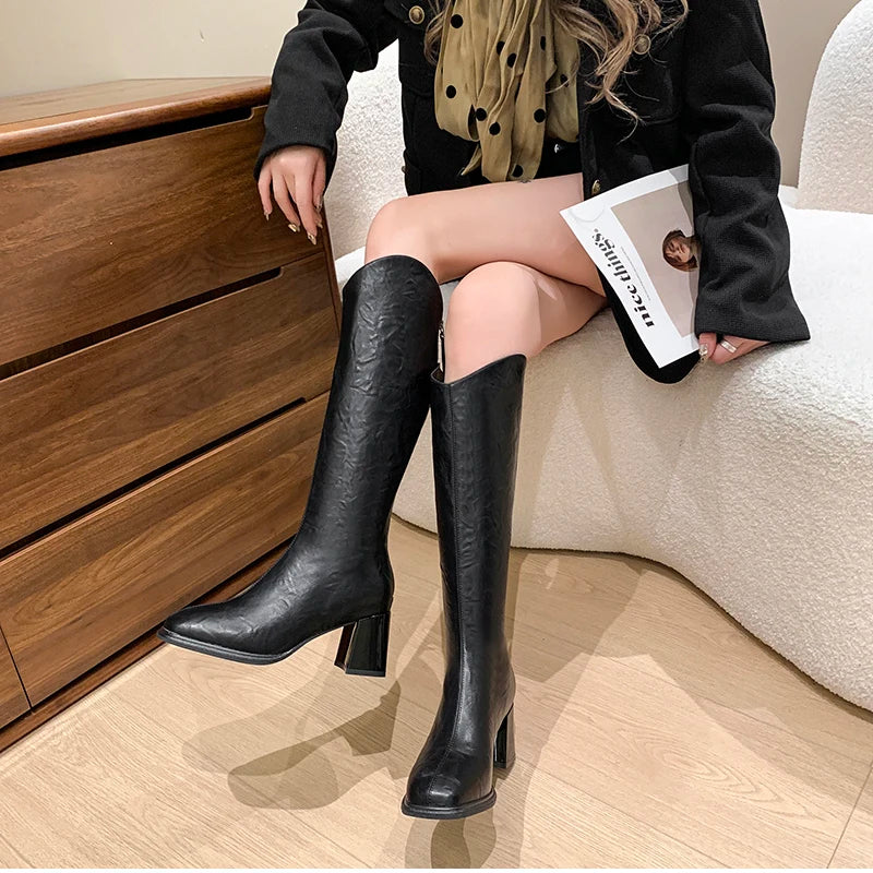 LIZAKOSHT  -  Autumn Winter Thick High Heels Women Knee High Boots Fashion Stretch Slim Modern Long Botas Para Mujer