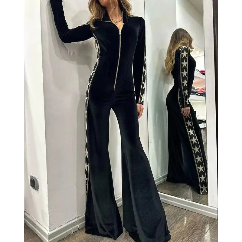 LIZAKOSHT  -  Fashion Velvet Splicing Print Long Sleeve Wide Leg Jumpsuit