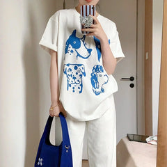 LIZAKOSHT  -  Funny Women Short Sleeve Loose Cotton Casual Tops Cartoon Dogs Printing Kpop White T Shirts Crewneck Dog Lover's Tees Streetwear