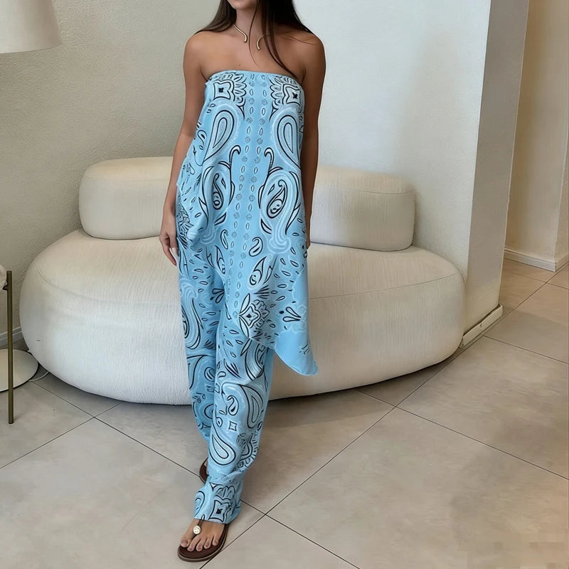 LIZAKOSHT  -  Summer Hawaii Casual Vacation Two Piece Sets Elegant Women Simple Set Fashion Tube Top Pattern Printed Irregular Tops&Pants Sets