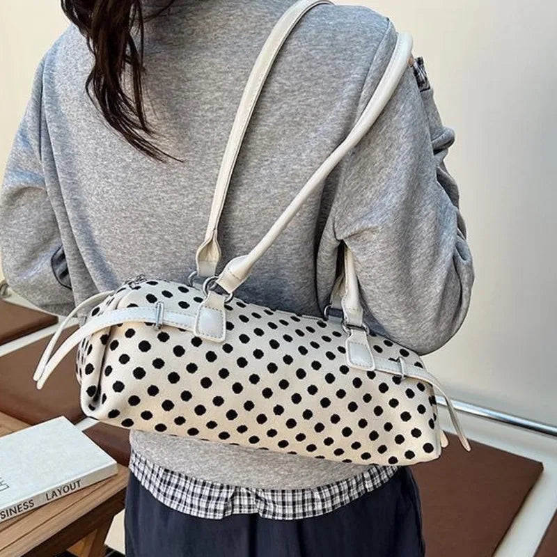 LIZAKOSHT  - Y2k Polka Dot Cylindrical Handbag Ins Trendy Personality Elegant Retro Glossy Leather Exquisite Small Capacity Daily Commuting