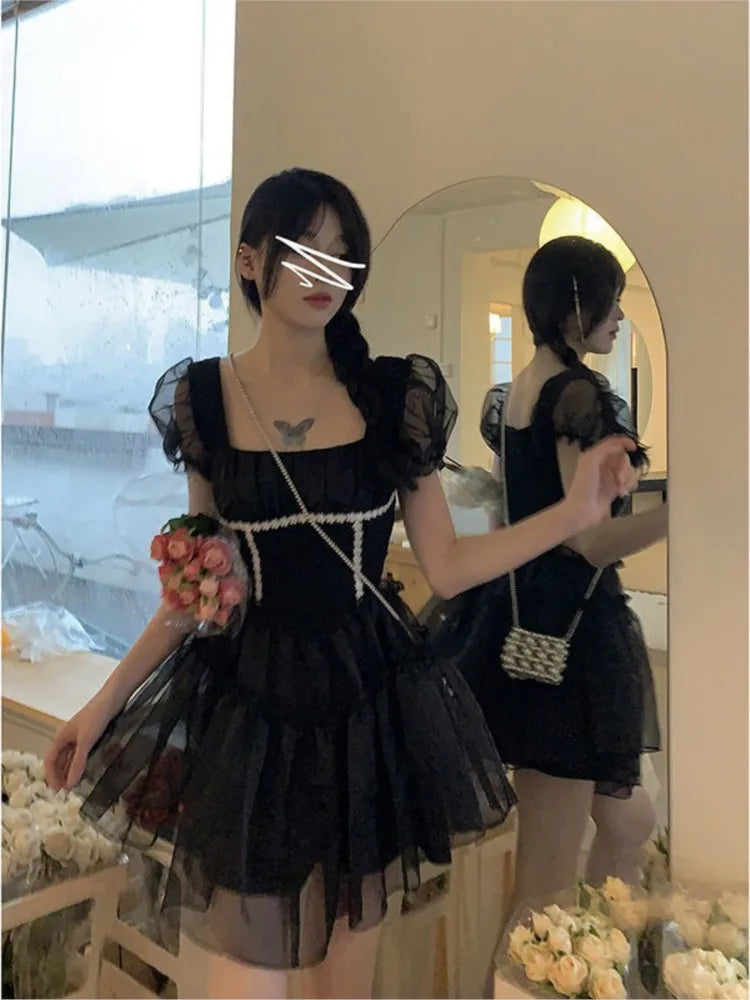 LIZAKOSHT  -  Women Square Collar Patchwork Mesh Dress Puff Sleeve Plain High Waist Pullover Mini Dresses Female Summerblack party dress