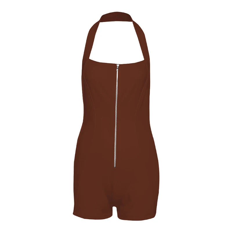 LIZAKOSHT  -  Hot Sexy Halter Backless Zip Up Skinny Women Romper Solid Color Backless Sleeveless Hipster Short Jumspuit Summer Clubwear