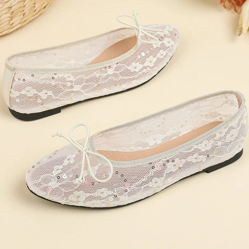 LIZAKOSHT  -  Mesh Rhinestone Ballet Flats Shoes Women Round Toe Comfy Shallow Breathable Boat Shoe Female Bling Brand Designer Mary Jane Shoe