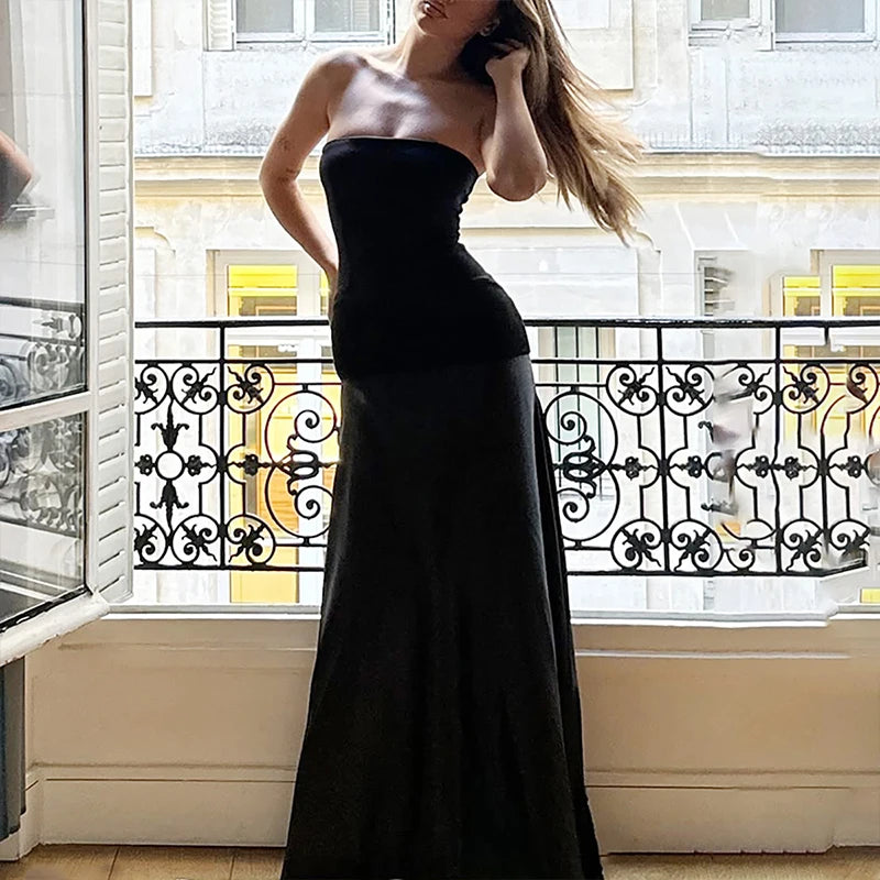 LIZAKOSHT  -  Spring/Summer Fashion Sexy Temperament Strapless Dress Slimming Splicing Black Strapless Evening Party Gowns Lady Clubwear