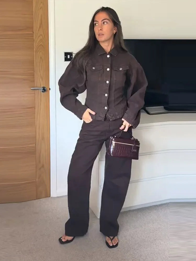 LIZAKOSHT  -  Solid Color Denim Jacket Pants Woman Set Lapel Waist Cinched Jackets Lace Up High Waist Trousers Casual Street Women's New Suits