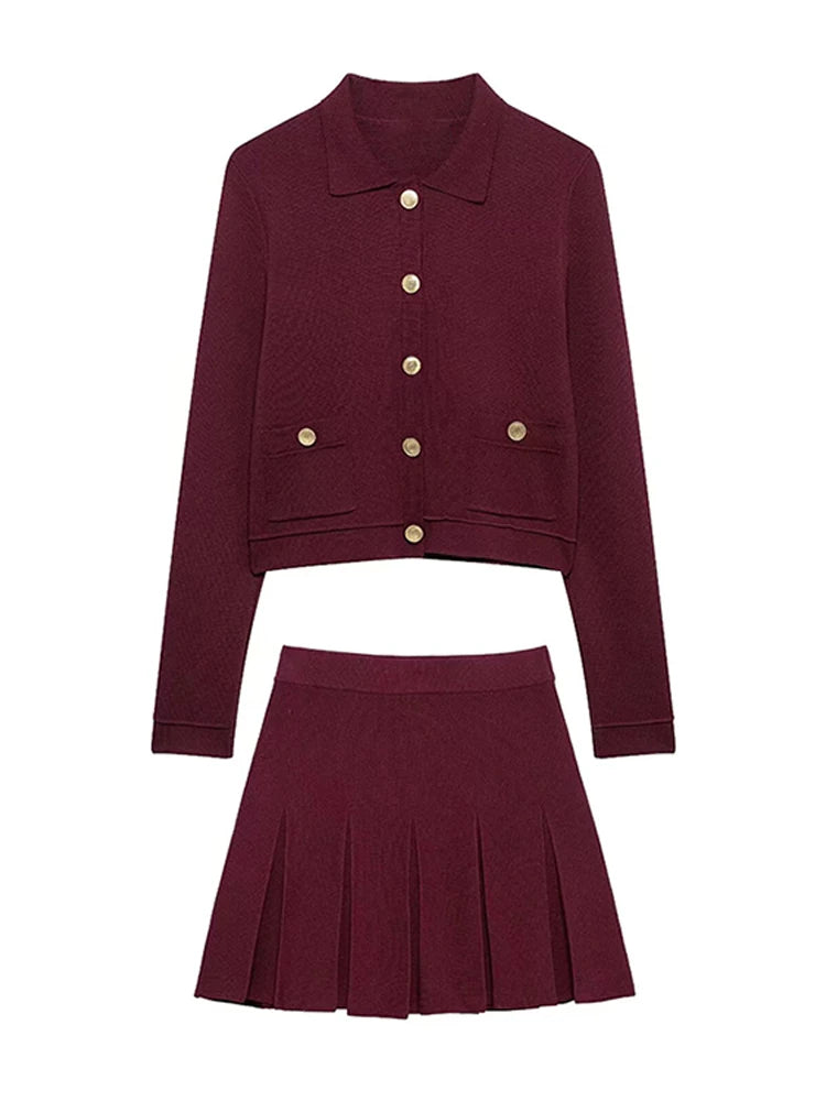 LIZAKOSHT  -  Gold Single Breasted Sweater Knitted Shirt Top Short Skirt Set Women Lapel Double Pockets Knitwear Slim Fit Coat Pleated Skirts