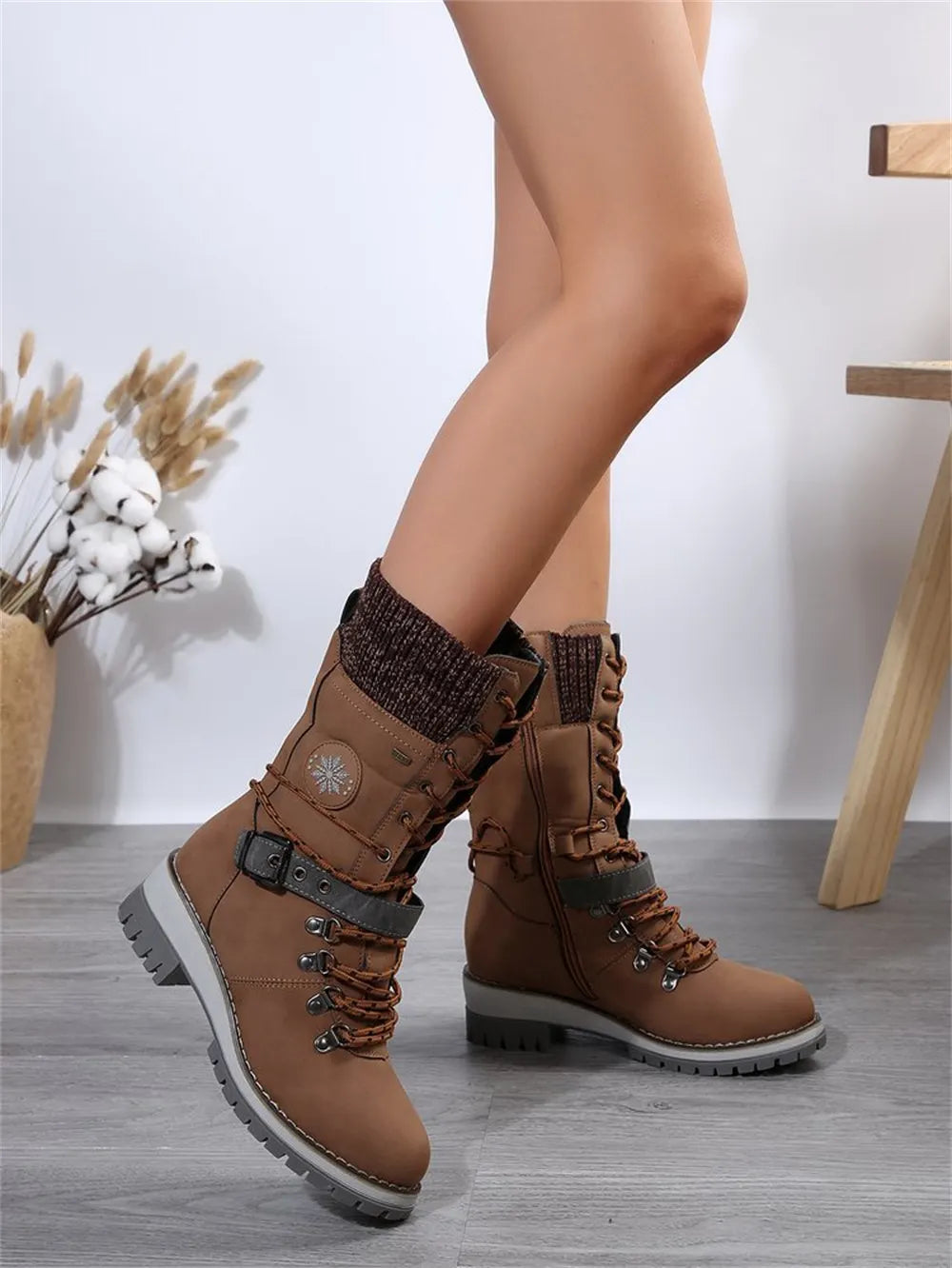 LIZAKOSHT  -  Plus Size 43 Women's Fashion Thermal Mid Calf Boots Knitted Splicing Lace Up Side Zipper Winter Boots Wedges heels Outdoor Boots