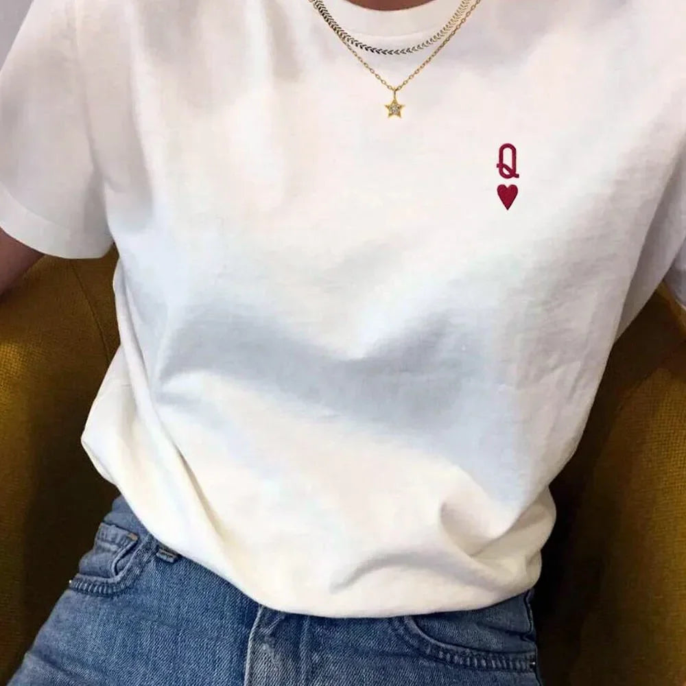 LIZAKOSHT  -  Queen of Hearts Letter T Shirts Female White Loose Cotton Tops Short Sleeve Casual Shirt Women Graphic Tees Female Clothing