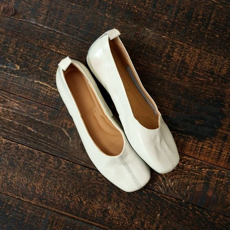 LIZAKOSHT  -  Shoes Women Soft Leather Square Toe Flat Shoes Comfort Slip On Ballet Flats Minimalist White Grandma Shoes Daily Walking Loafers