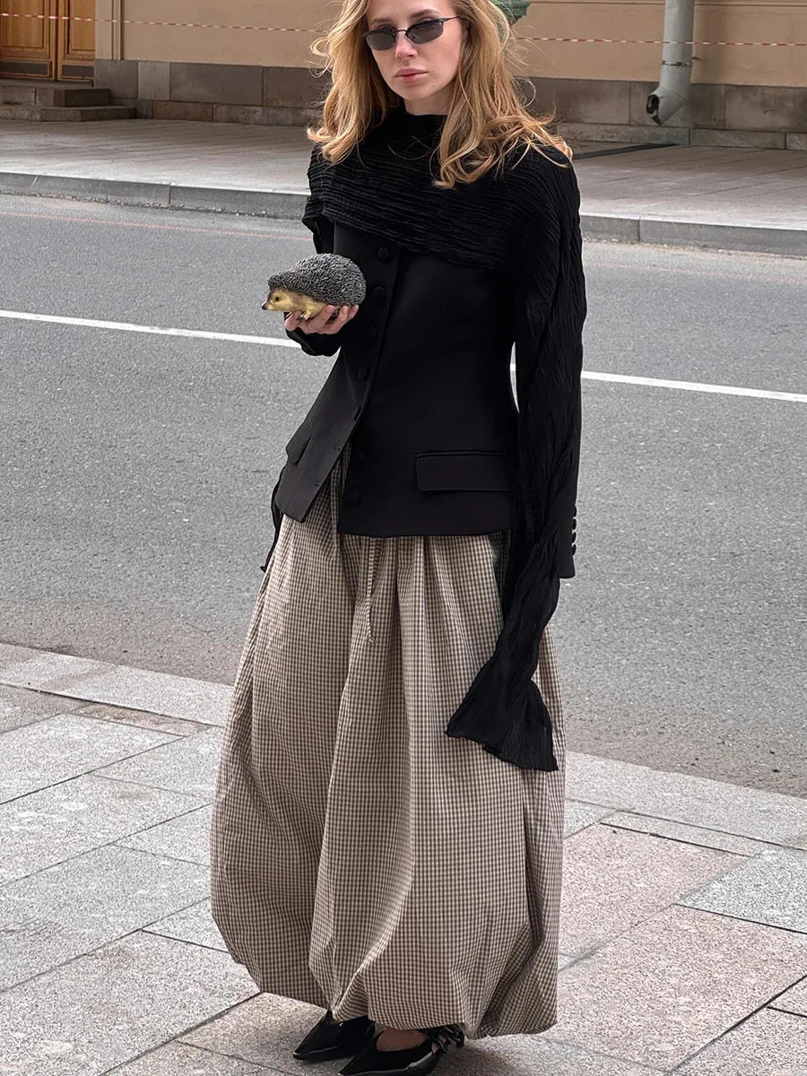 LIZAKOSHT  -  Women's New Retro Brown Lantern Pants High Waist Trendy Loose Fit Plaid Spring Summer Fashion Trousers