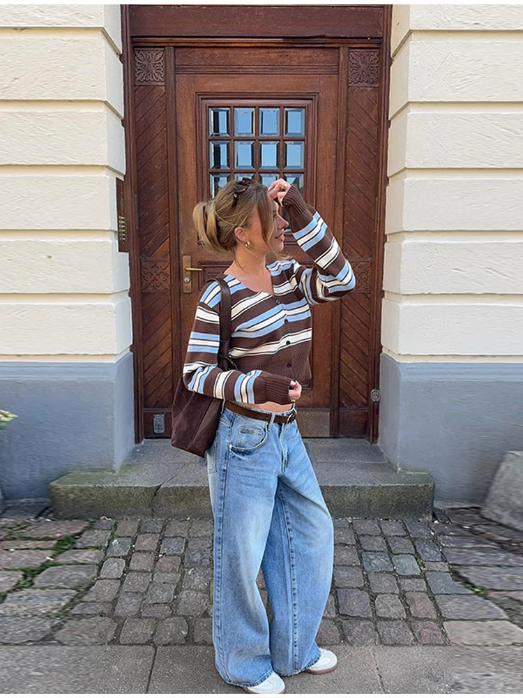 LIZAKOSHT  -  American Street Y2k Knitted Cardigan Personalized V-neck Striped Sweater Top Spicy Girl Fashion Short Versatile Thin Knitwear