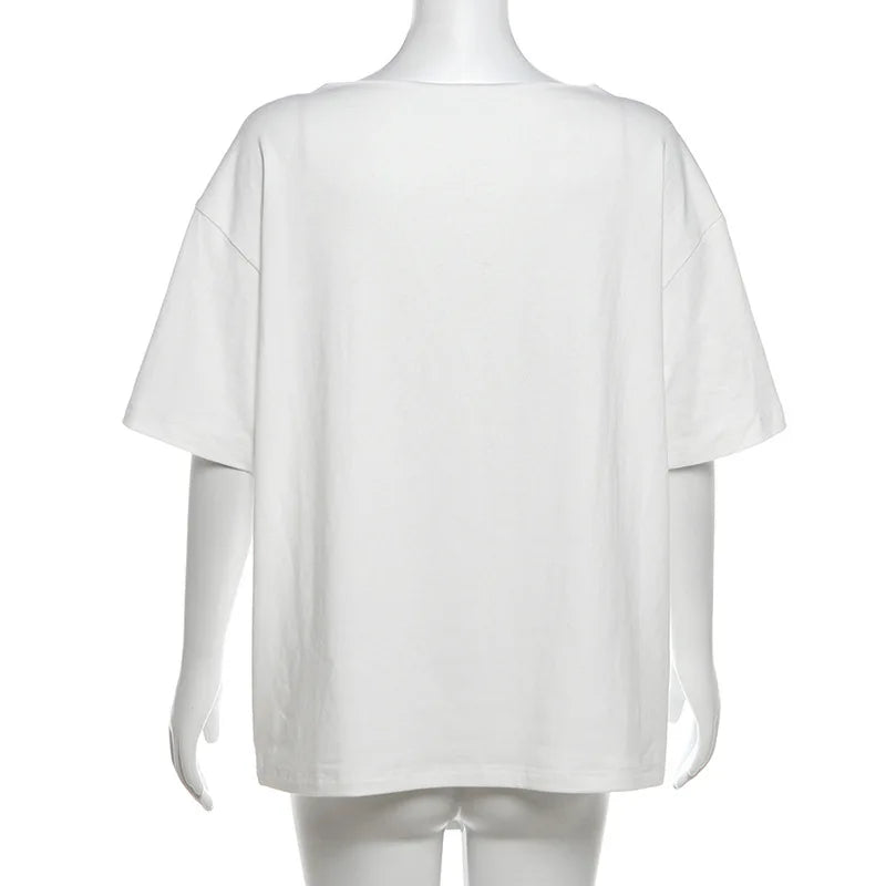 LIZAKOSHT  -  Letter Print Graphic T Shirts White Oversized One Shoulder Tops Womens Summer Fashion Clothing Trends 2025