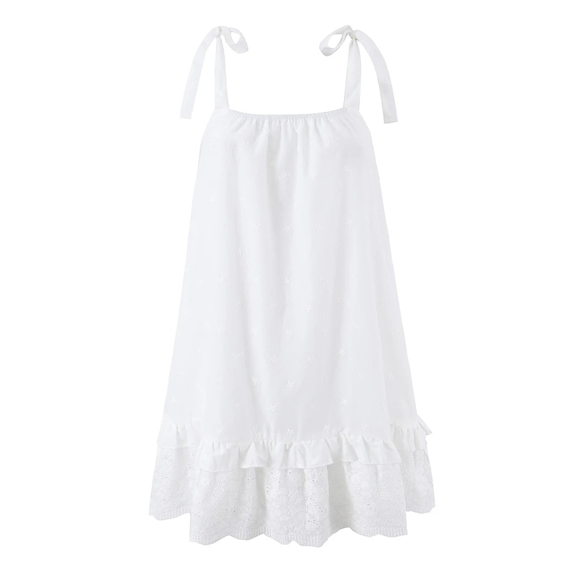 LIZAKOSHT  -  Bohemian White Embroidery Flower Tide Bow Spaghetti Strap Dress Woman Wood ears Ruffles Hem Swing Loose Swing Mini Dresses Robe