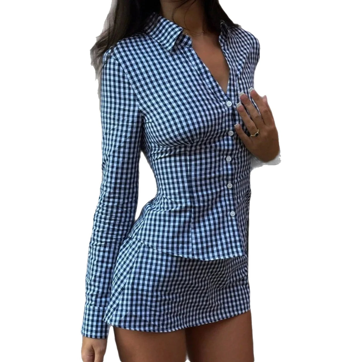 LIZAKOSHT  -  Summer New Style Shirt Collar Long Sleeve Single Button Short Skirt Set Women's Business Casual Polyester Fiber Dress