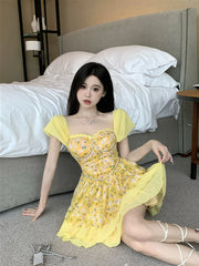 LIZAKOSHT  -  Sexy Dresses Women Floral Printed Patchwork Chain Ruffles Layered Square Collar Elegant Mini Dress Slim Fashion Female