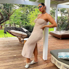 LIZAKOSHT  -  Street Sle High Waist Wrap Chest One oulder Long Dr Women's Slim Fit Split Skirt Polyester Fiber No Sve Pure Color