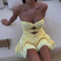 LIZAKOSHT  -  High Street Cocktail Mini Dress Sexy 2025 Strapless Night Club Hollow Backless Mini Dress Female Solid Pleat Party Dress Women
