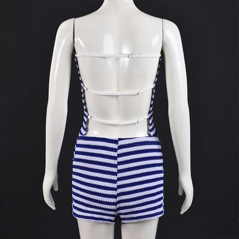 LIZAKOSHT  -  Women's Contrasting Color Casual Stripe Matching Set Strapless Cropped Vest+Shorts Fashion Sexy Slim Fit Holiday Streetwear