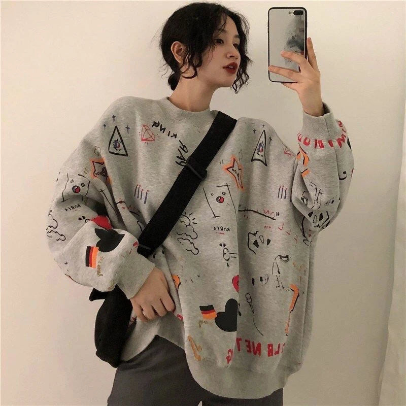 LIZAKOSHT  -  Harajuku Graffiti Women Sweatshirts Fall Winter Thick Vintage Sweet Preppy Pullovers Korean Loose Casual Print Long Sleeve Tops