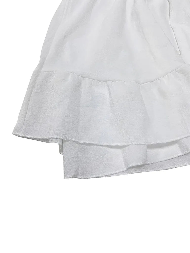 LIZAKOSHT  -  Spring Summer 2025 White Dress Women V-neck Lace-up High Waist Mini Dress Lantern Sleeve Solid Casual Female 53933
