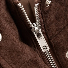 LIZAKOSHT  -  Vintage Suede Bomber Jacket For Women Brown Short Coat High Collar Long Sleeves With Pockets Overcoat New Autumn Winter