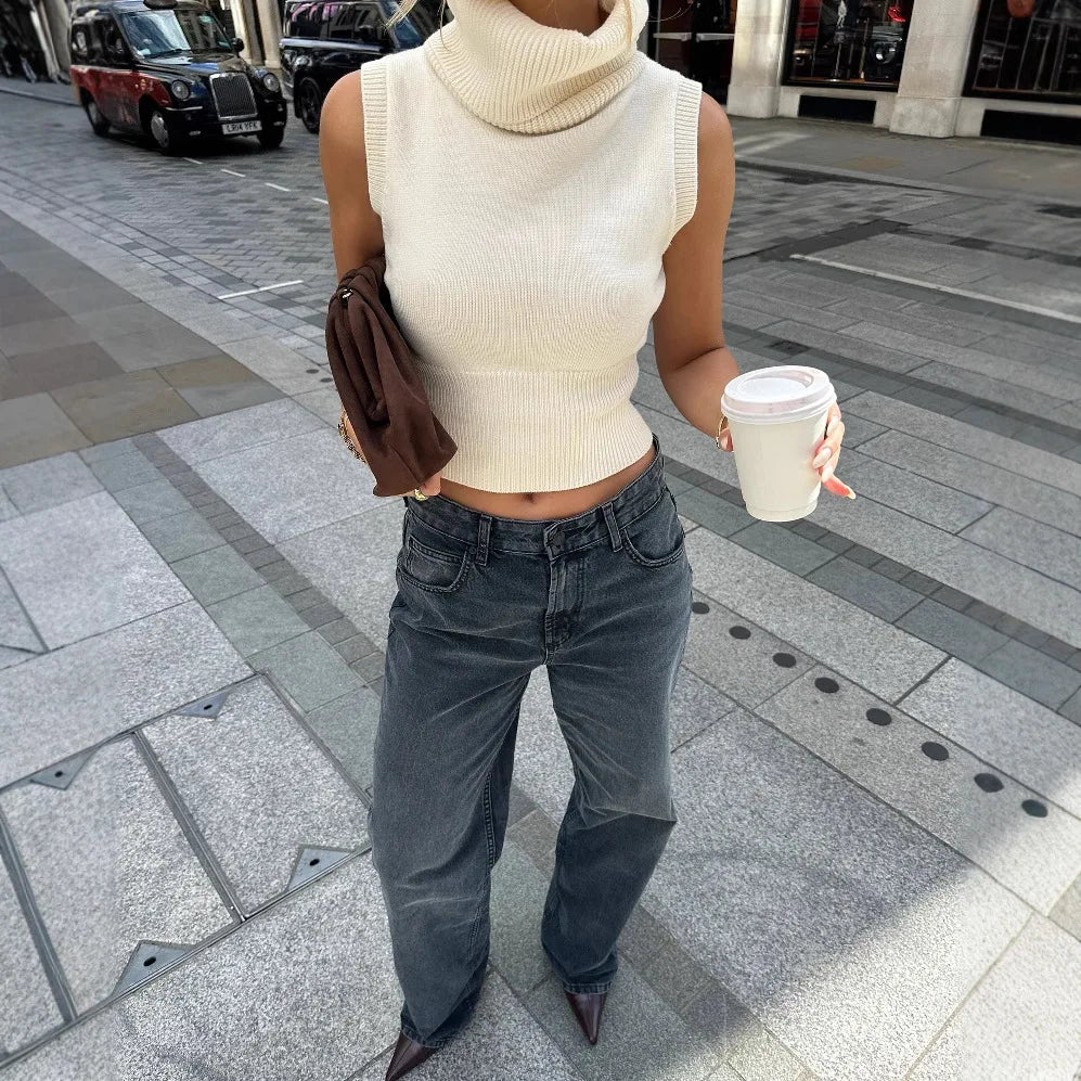 LIZAKOSHT  -  White Turtleneck Knitted Top Sleeveless Vest Sweater Women Elegant Bodycon Tops Vests Sweaters Blue Pullovers Hipster Street New