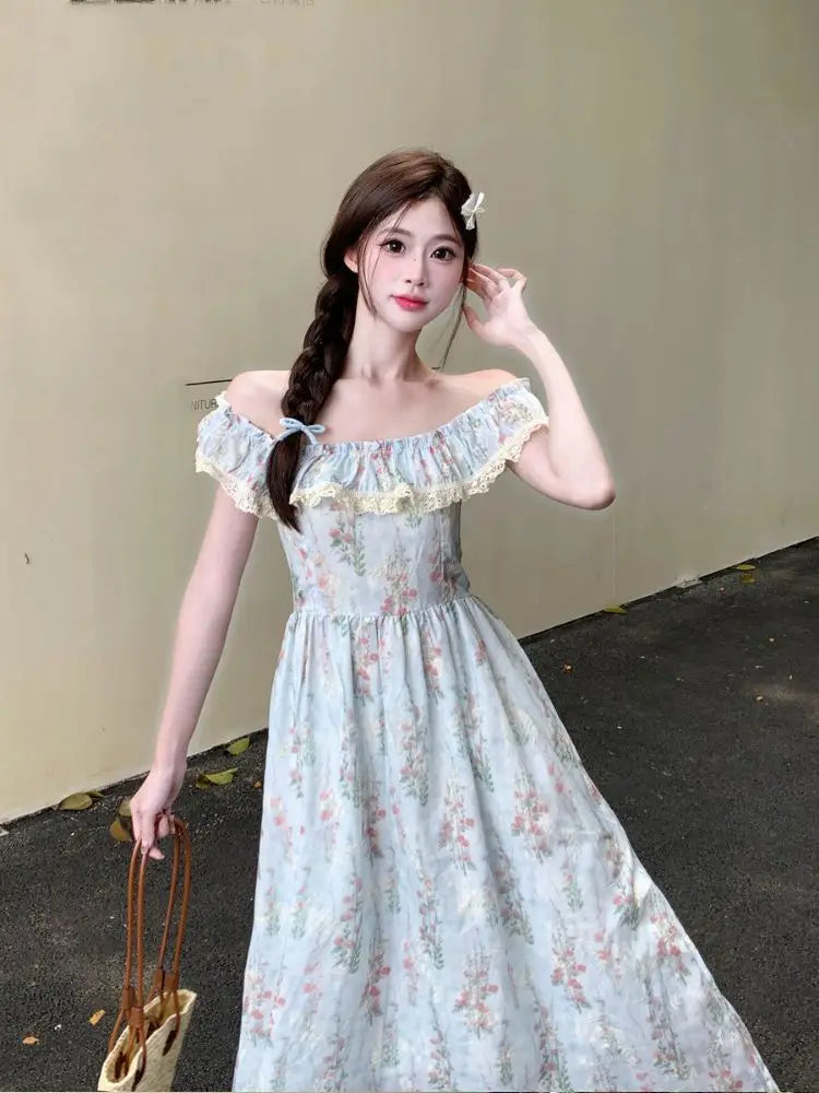 LIZAKOSHT  -  Beautiful Lace Square Neck Small Flying Sleeve Floral Dress with Temperament Waist-hugging and Slimming A-line Long Skirt
