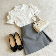 LIZAKOSHT  -  French Sweet Women 2 Piece Set Polka Dot Ruffle Collar Puff Sleeve Lace Blouse High Waist Pleated Mini Skirt Casual Office Outfi