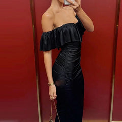 LIZAKOSHT  -  Fashion Hight Waist Draped Long Dress Lady Elegant Off Shoulder Bodycon Gown Women Casual Short Sleeve Solid Slim Birthday Dress