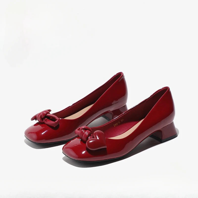 LIZAKOSHT -  Shoes for Women Low Heel Elegant Ladies Summer Footwear Normal Leather Casual Square Toe with Bow Red Genuine Mark Fashion