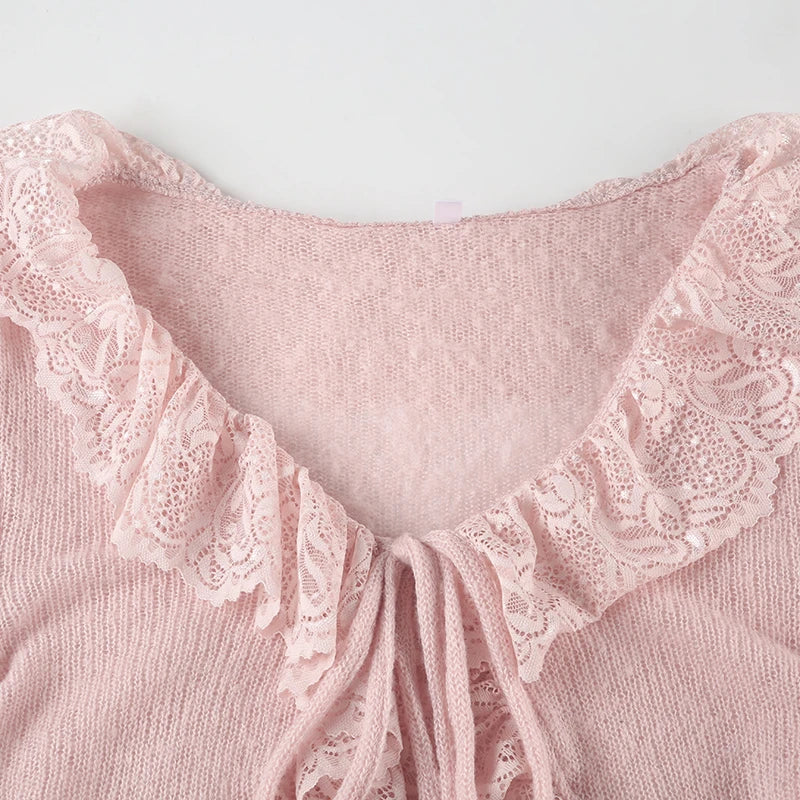 LIZAKOSHT  -  Y2K Pink Flared Sleeve Cardigan Casual Lace Tie-up Beach Cover-Ups Coquette White Long Sleeves Shirts Sunscreen Outwear