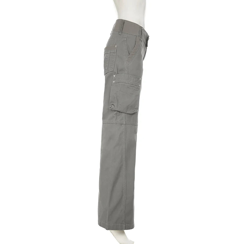 LIZAKOSHT  -  Chic Gray Cargo jeans Y2k Streetwear Casual Loose Denim Pants For Women Aesthetic 90s Low Waist Straight-leg Trousers