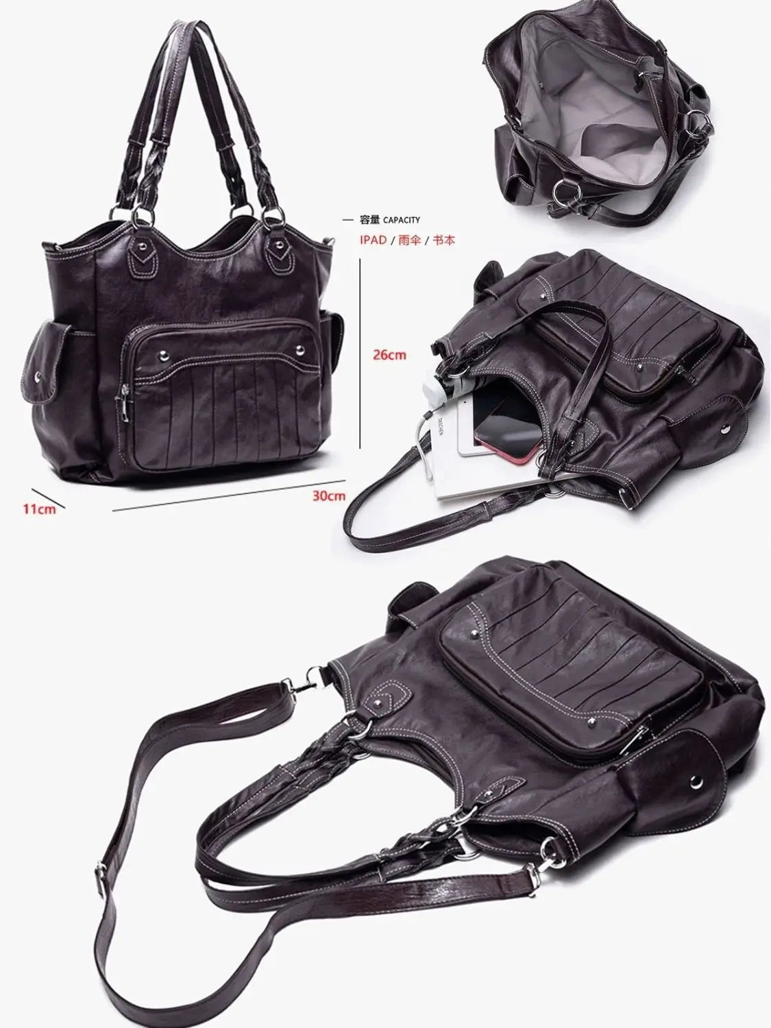 LIZAKOSHT  -  Retro Mulard Coffee Tote Bag Women PU Leather Large Capacity Shoulder Bag Ladies Harajuku Commute Versatile Underarm Bag