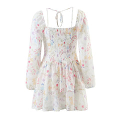 LIZAKOSHT  -  Sweet Women Floral Print Chiffon Dress Long Sleeve Square Neck Female Holiday Summer Dresses Spring Summer 2024 Short Robe