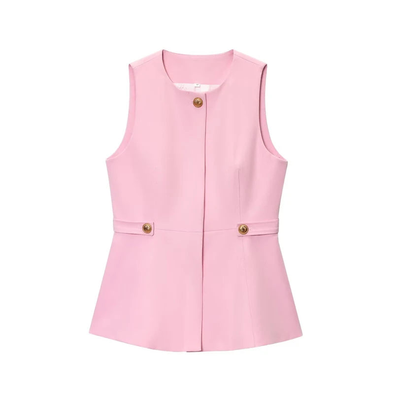 LIZAKOSHT  -  Elegant O-neck Pin Top Pant 2 Piece Sets Women Fashion Sleeveless Waist Cinching Top Straight Pants Suit Lady Summer Chic Set
