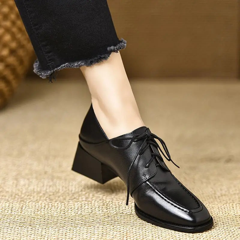 LIZAKOSHT  -  Women's Shoes New Spring/Autumn Retro Square Toe Deep Mouth Soft Leather Thick Heel Lace-up High Heels Ladys Single Shoes