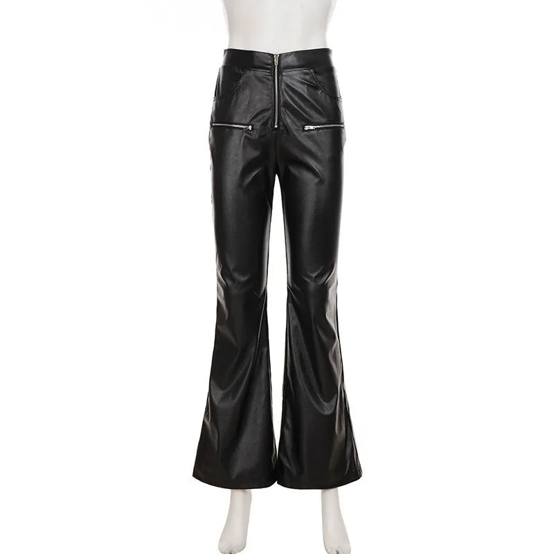 LIZAKOSHT  -  Women Fashion Black PU Leather Slim Flare Pants Zippers High Waist Peach Hips Stretch Boot Cut Skinny Trousers Casual Streetwear