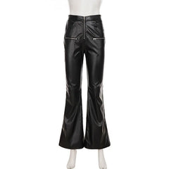 LIZAKOSHT  -  Women Fashion Black PU Leather Slim Flare Pants Zippers High Waist Peach Hips Stretch Boot Cut Skinny Trousers Casual Streetwear