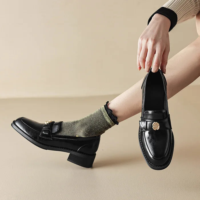 LIZAKOSHT  -  Women's British Shoe Autumn New Thick Heel Women Leather Shoe Versatile Anti Slip Women Casual Shoes Gold Buckle Women's Loafers