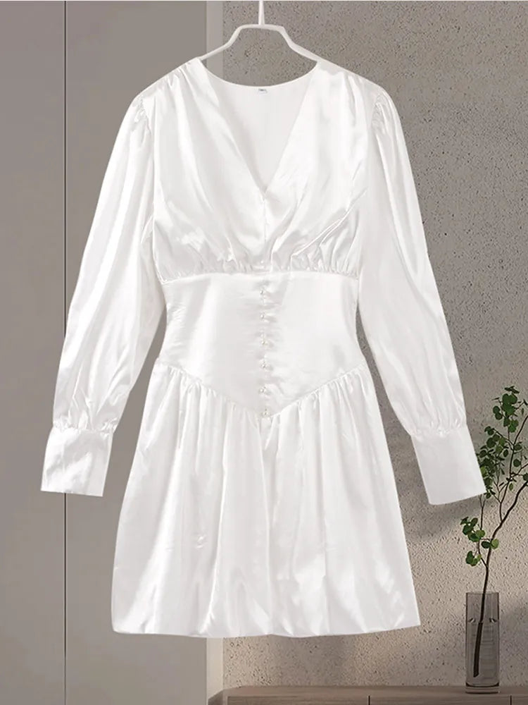 LIZAKOSHT  -  Solid Satin Women Mini Dresses Elegant V Neck Long Lantern Sleeve High Waist Female Short Dress Autumn New Fashion Lady Vestidos