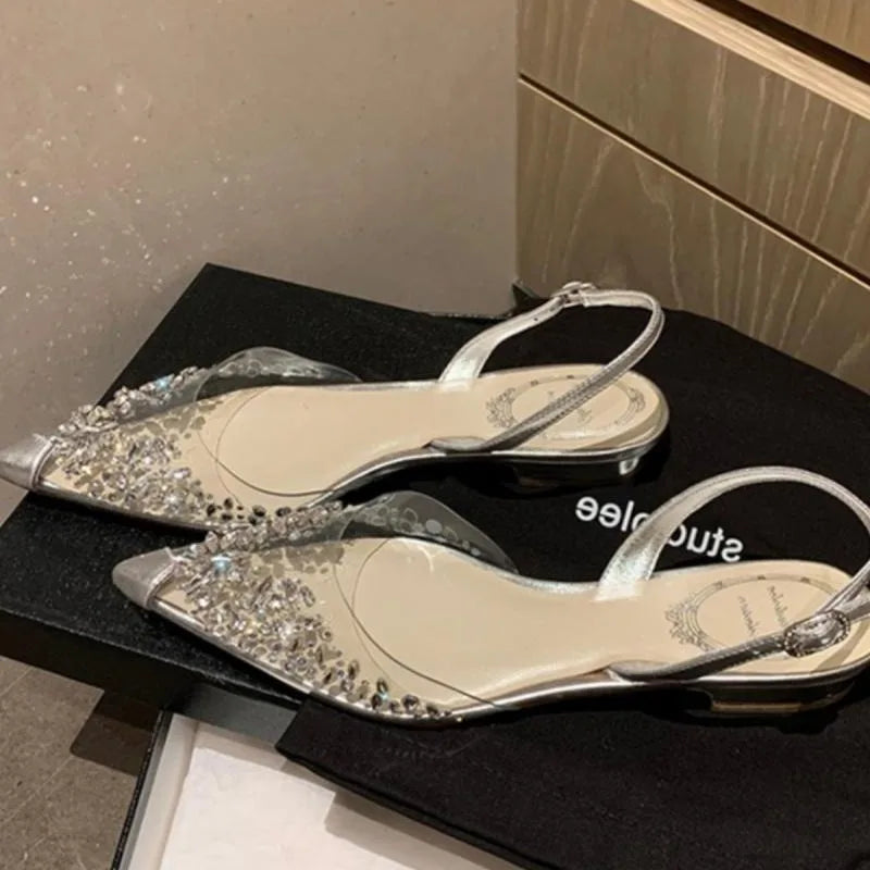 LIZAKOSHT  - crystal rivets transparent sandals women pointed toe slingback summer wedding shoes woman gladiator sandalias mujer