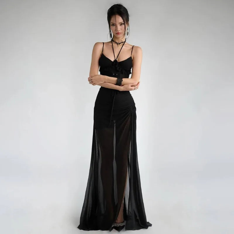 LIZAKOSHT  -  Drawstring Split Grommet Lace Up See Through Mesh Patchwork Maxi Dress Women Spaghetti Straps Ruffles Backless Party Clubwear