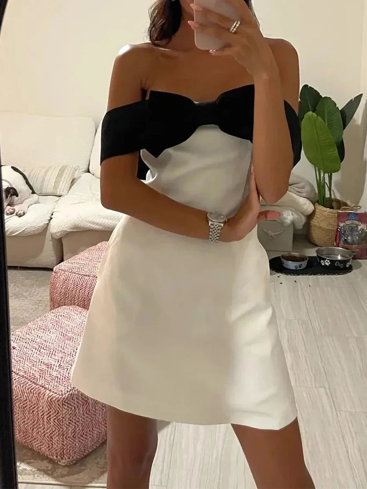LIZAKOSHT  -  Sexy Party Mini Dress Women Fashion  Strapless Sleeveless Bodycon Bow Patchwork Dresses White Elegant Club Slim Dress