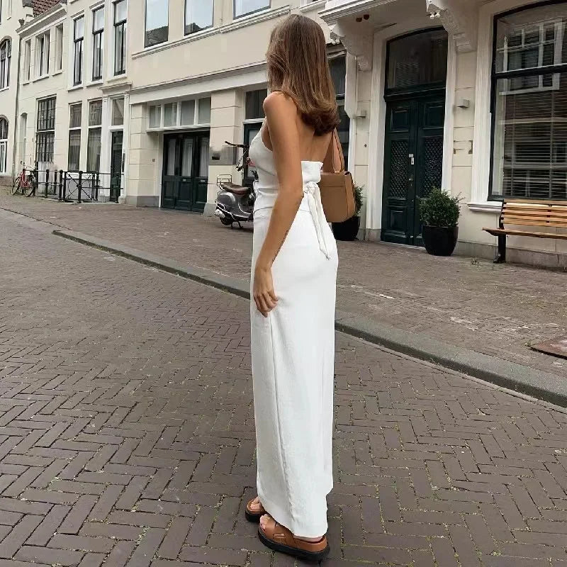 LIZAKOSHT  -  Halter Tank Top Skirt Set Women 2 Piece Single Breasted Backless Bandage Vest Split Long Skirt Matching Sets Lady Outfit